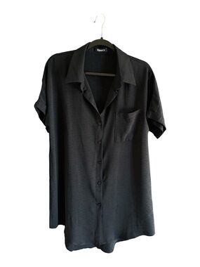 Womens Swim Cover Black Short-Sleeve Button-Up Semi Sheer Shirt Resort Wear